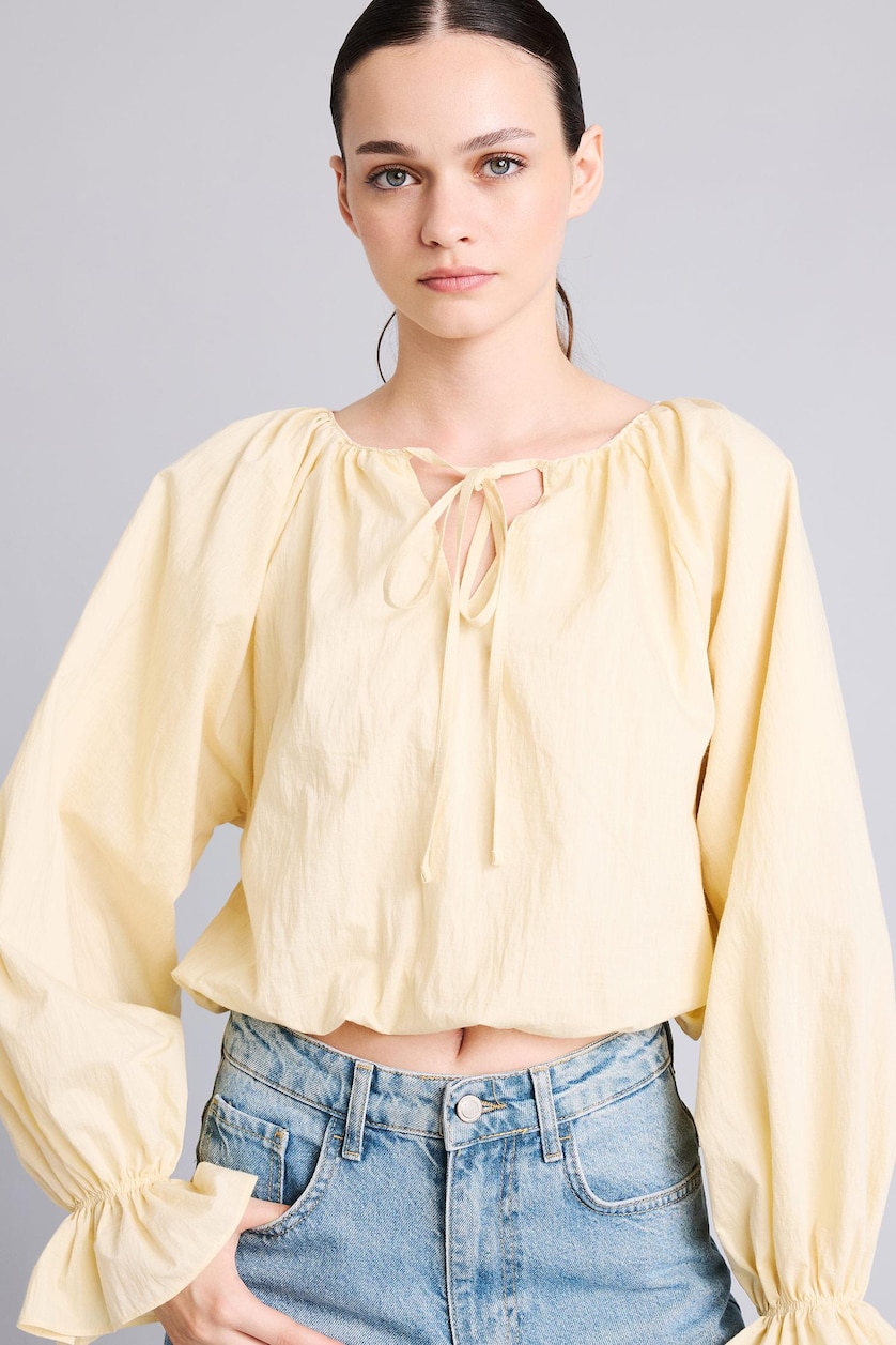 WOMAN Sand Regular Fit Gathered Balloon Sleeve Crop Basic Blouse