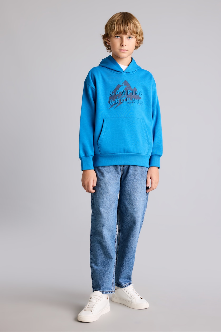 Erkek Çocuk - Genç Erkek İndigo Oversıze Kapüşonlu İçi Yumuşak Tüylü Sweatshirt Erkek Çocuk