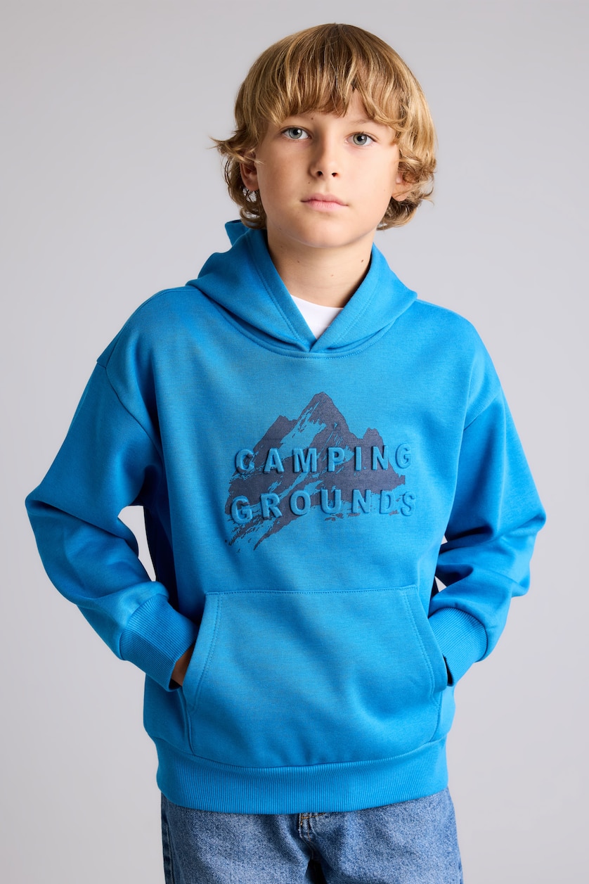 Erkek Çocuk - Genç Erkek İndigo Oversıze Kapüşonlu İçi Yumuşak Tüylü Sweatshirt Erkek Çocuk