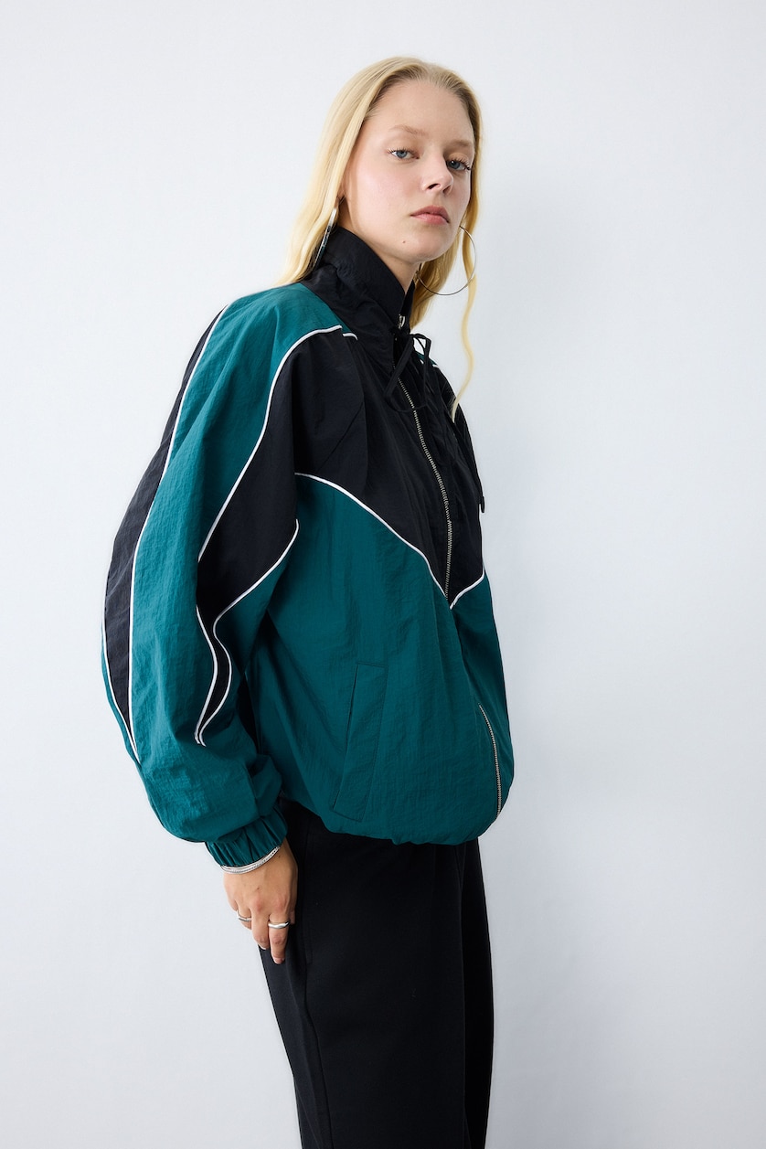 Women Dark Green Balloon Fit Stand Collar Jacket