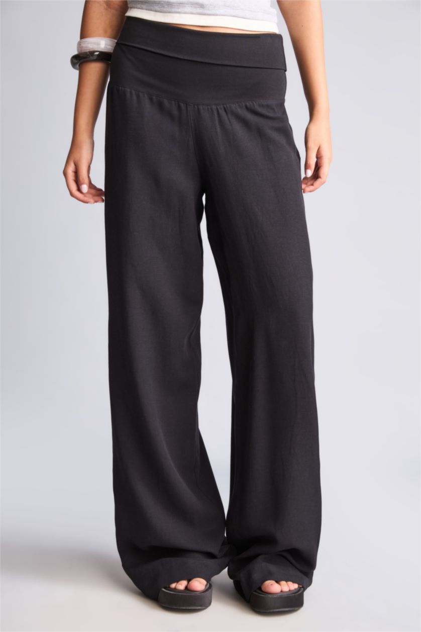 Kadın Siyah Wide Leg Keten Karışımlı Pantolon