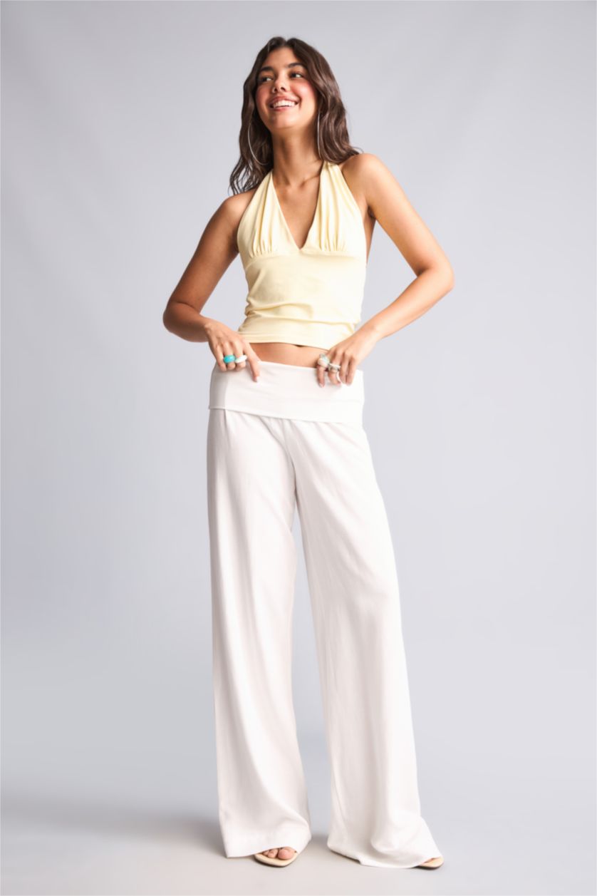Kadın Kırık Beyaz Wide Leg Keten Karışımlı Pantolon