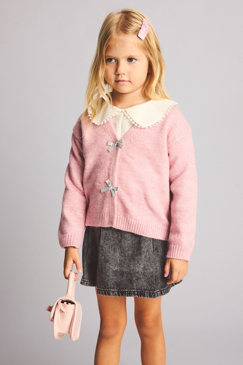 طفلة صغيرة أرجواني Baby Girl Basic V-Neck Knit Cardigan with Bow Detail
