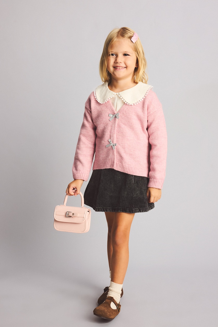طفلة صغيرة أرجواني Baby Girl Basic V-Neck Knit Cardigan with Bow Detail