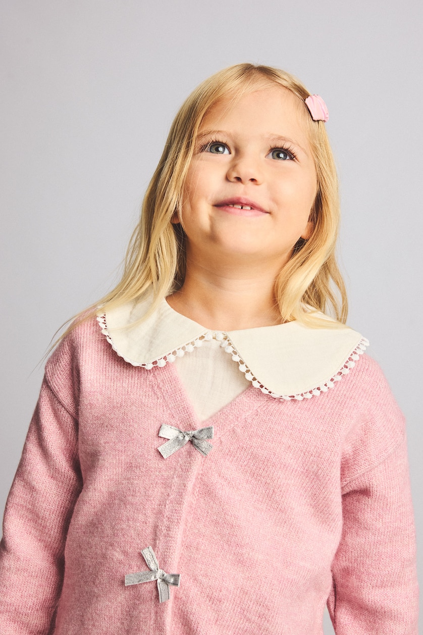 طفلة صغيرة أرجواني Baby Girl Basic V-Neck Knit Cardigan with Bow Detail
