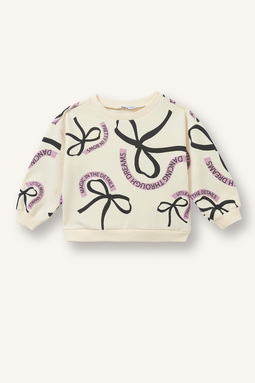Kız Bebek Ekru Baskılı Bisiklet Yaka Sweatshirt Kız Bebek