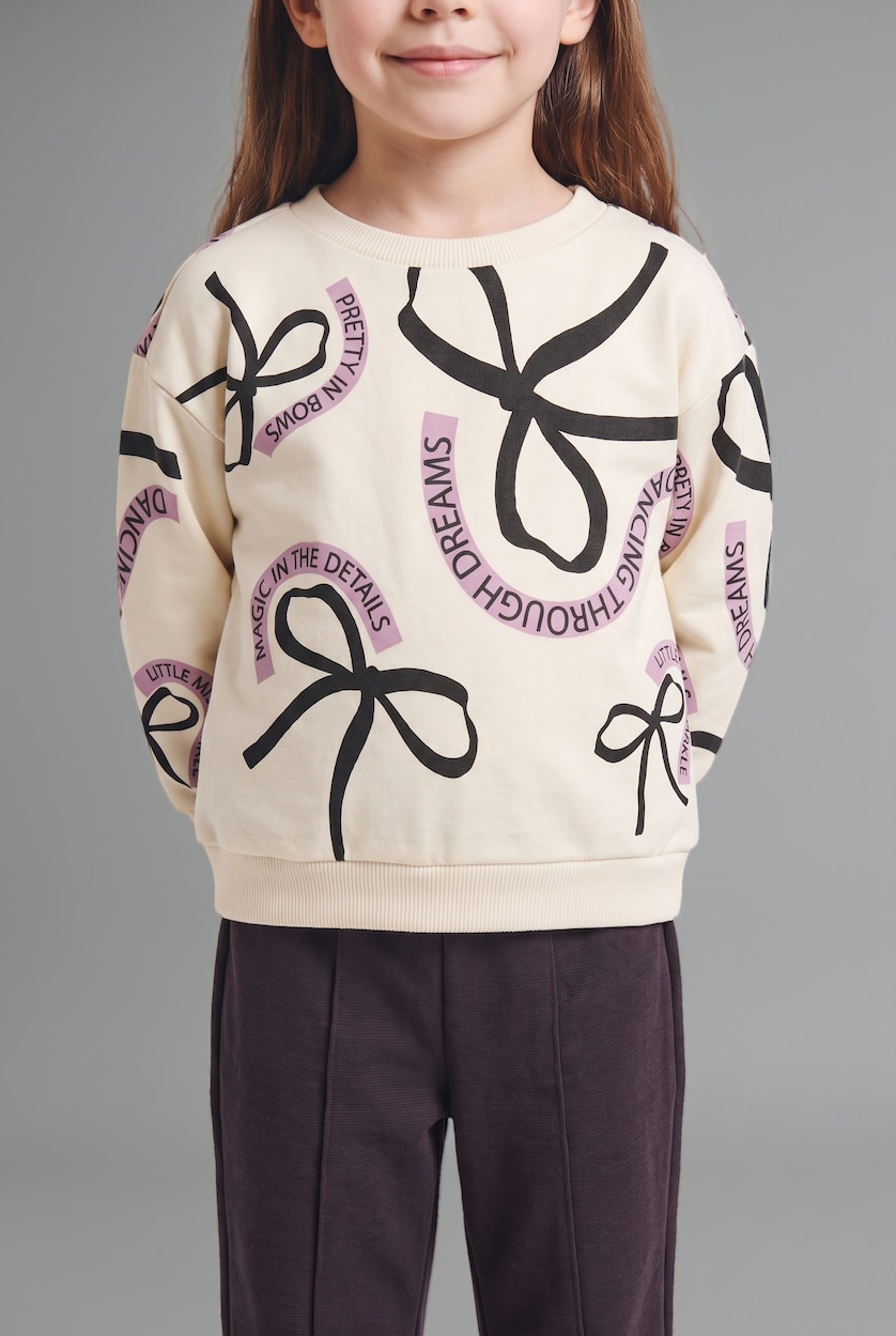 Kız Bebek Ekru Baskılı Bisiklet Yaka Sweatshirt Kız Bebek