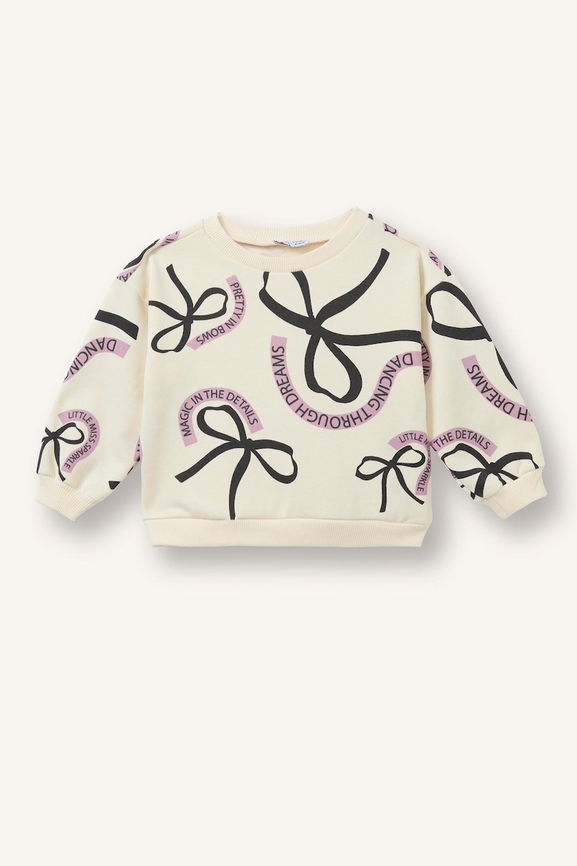 Kız Bebek Ekru Baskılı Bisiklet Yaka Sweatshirt Kız Bebek
