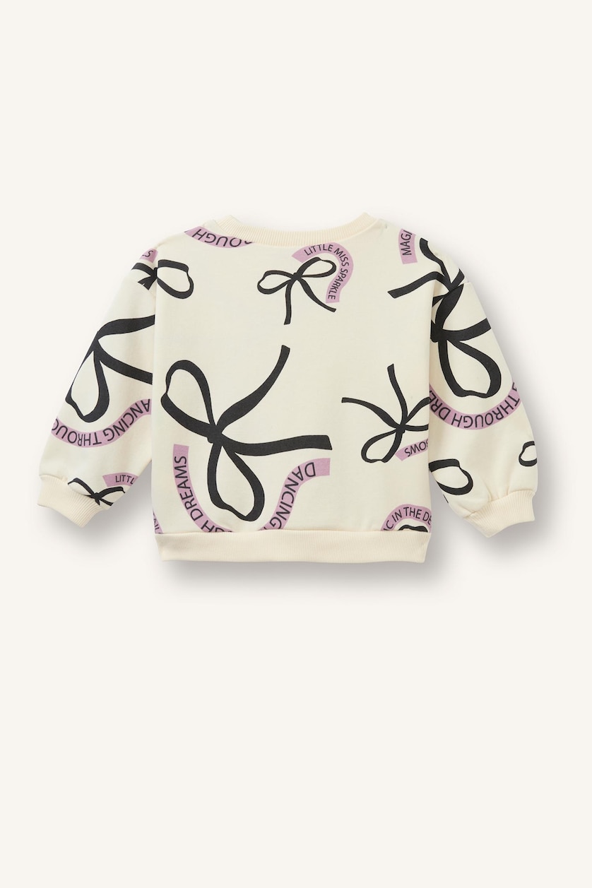 Kız Bebek Ekru Baskılı Bisiklet Yaka Sweatshirt Kız Bebek