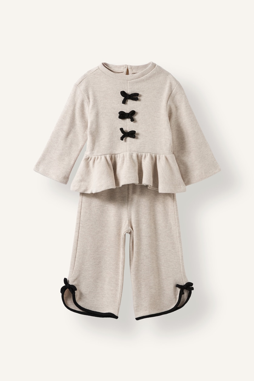Baby Girls Beige Melange 2 piece Crew Neck Set