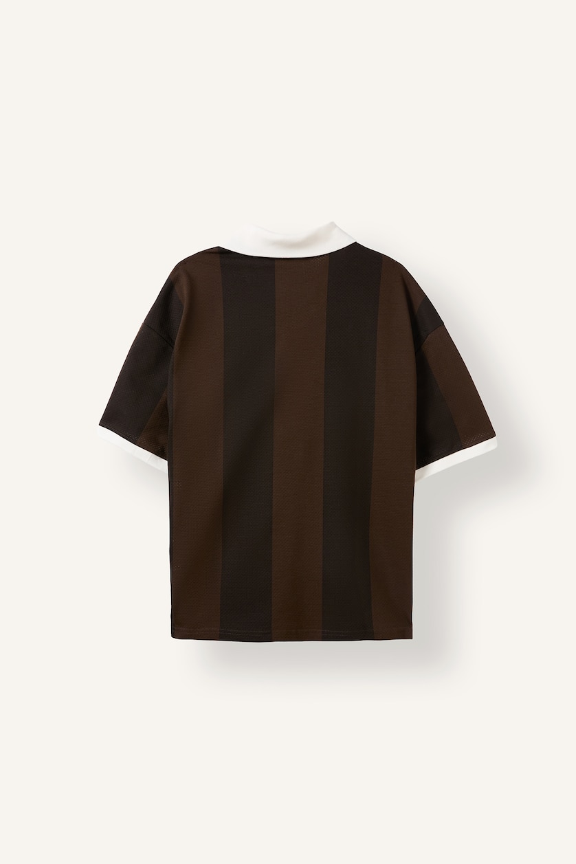 Erkek Kahve Boxy Fit Polo Yaka Çizgili Tişört