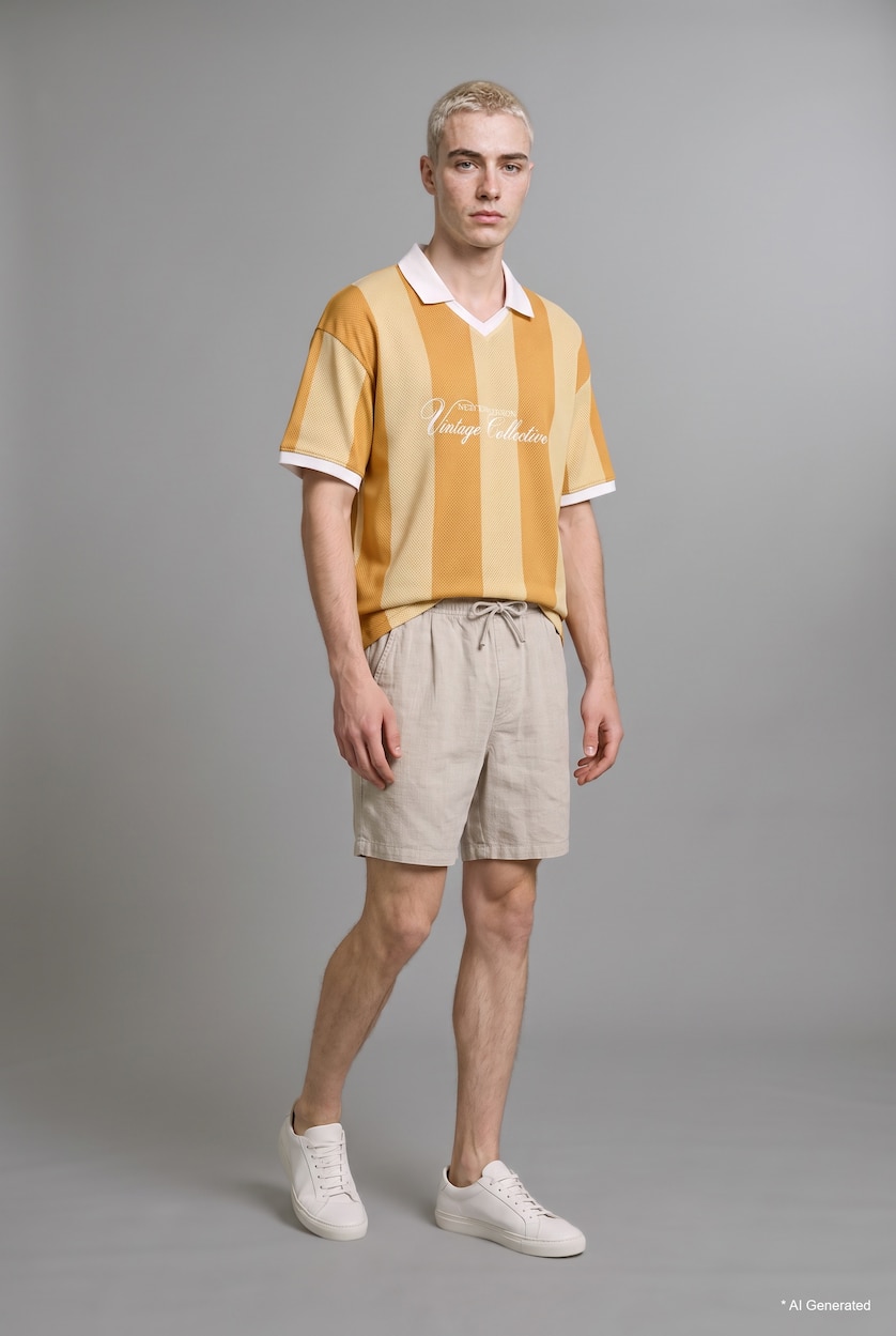 Men Yellow Boxy Fit Short Sleeve Striped Print Polo T-Shirt