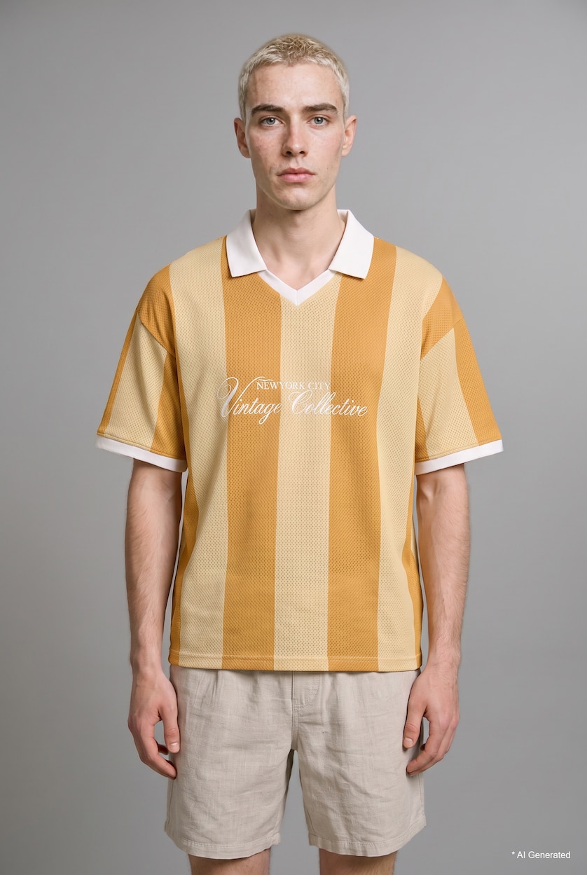 Men Yellow Boxy Fit Short Sleeve Striped Print Polo T-Shirt
