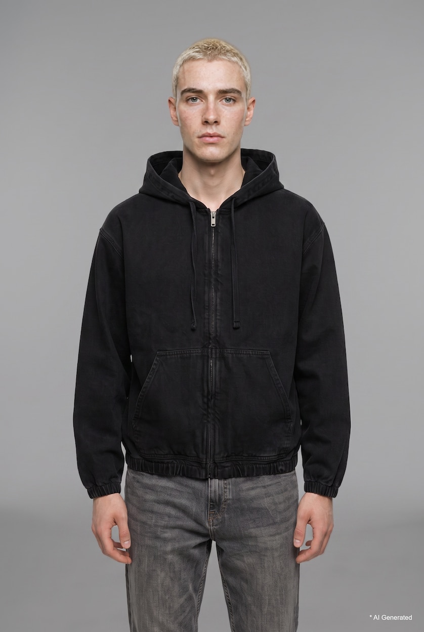 HOMME Noir Veste en jean oversize à capuche et fermeture éclair