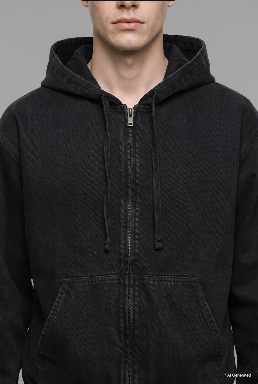 HOMME Noir Veste en jean oversize à capuche et fermeture éclair