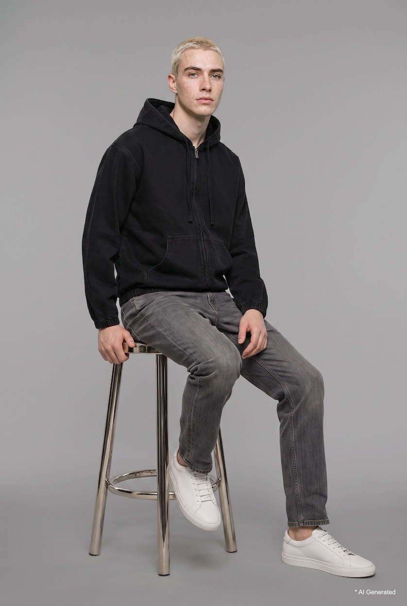 HOMME Noir Veste en jean oversize à capuche et fermeture éclair
