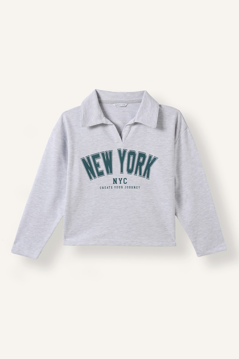 Young Girls - Teen Girls Light Grey Melange Woman Relax Fit Polo Collar Sweatshirt