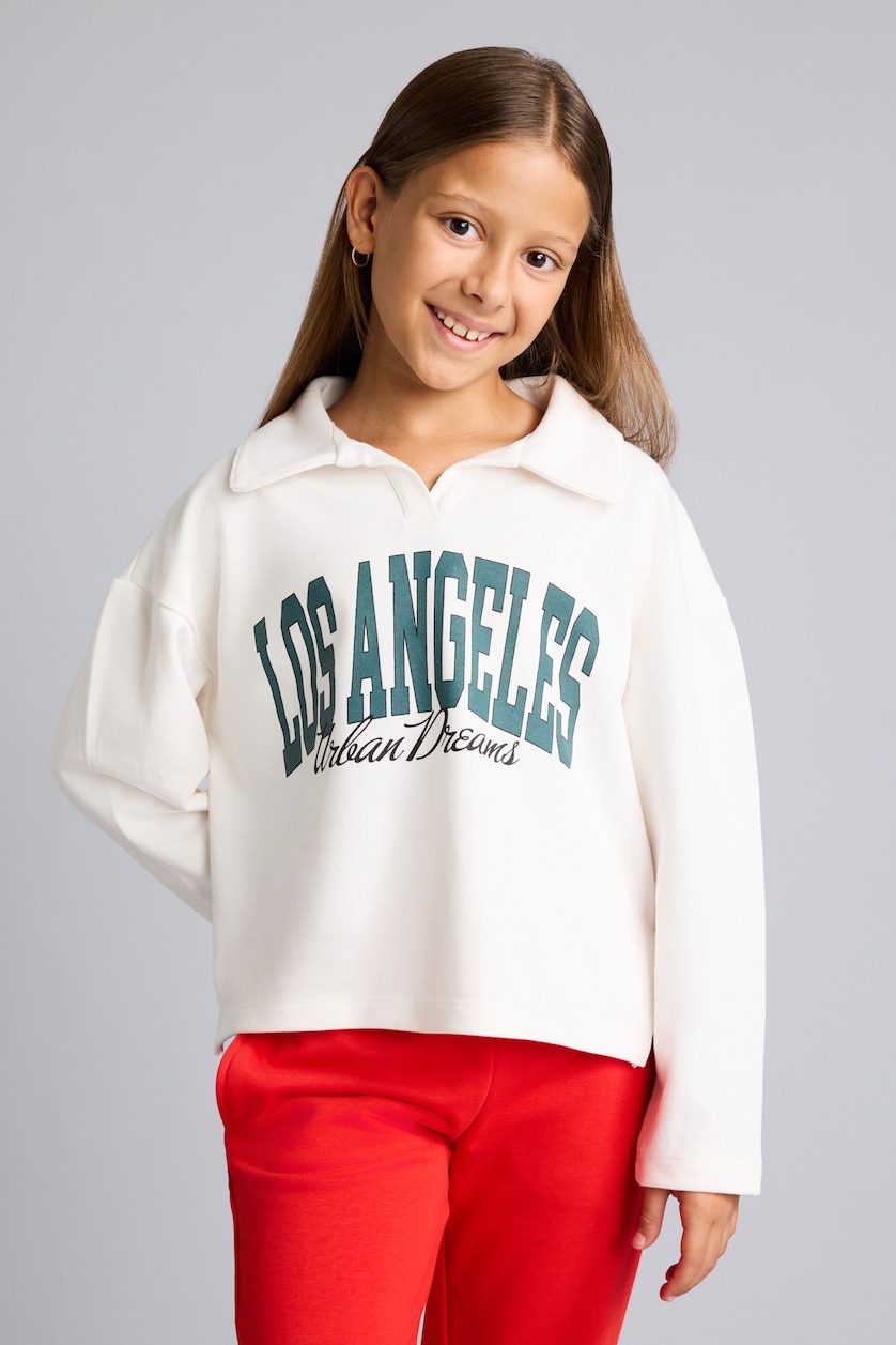 Kız Çocuk - Genç Kız Beyaz Relax Fıt Baskılı Sweatshirt Kız Çocuk