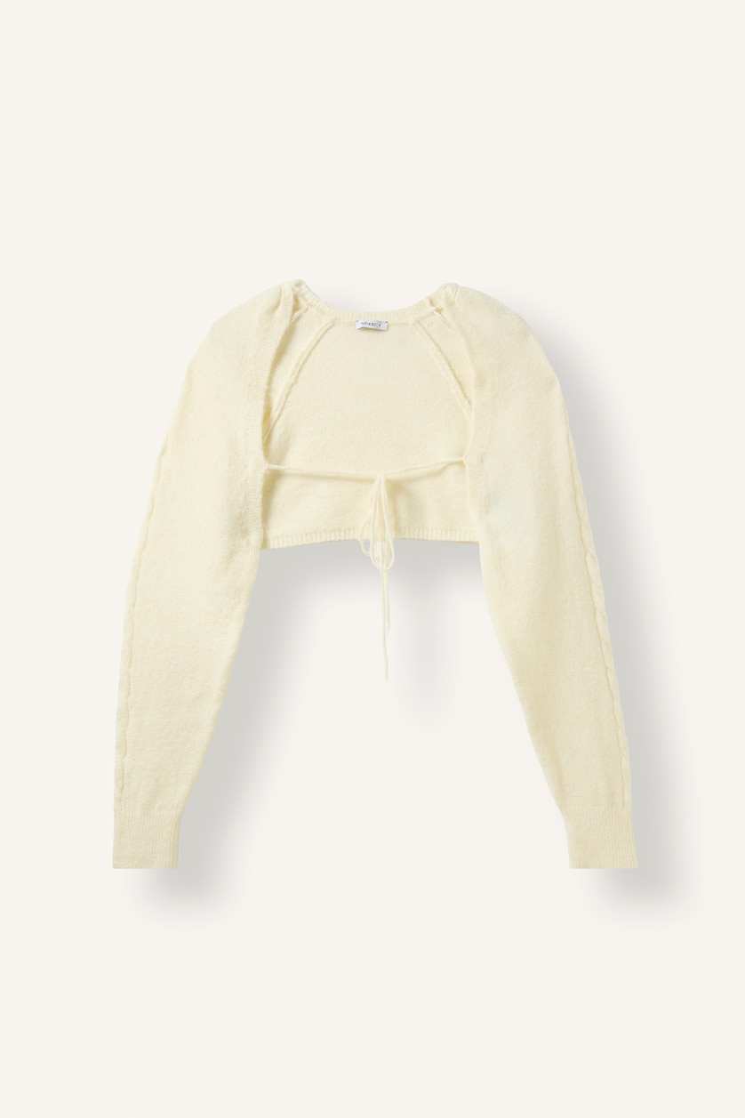Kadın Ekru Regular Fit Bağlamalı Crop Basic Hırka