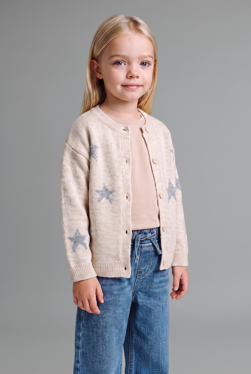 BABY GIRL Ecru Baby Girl Star Patterned Crew Neck Knit Cardigan