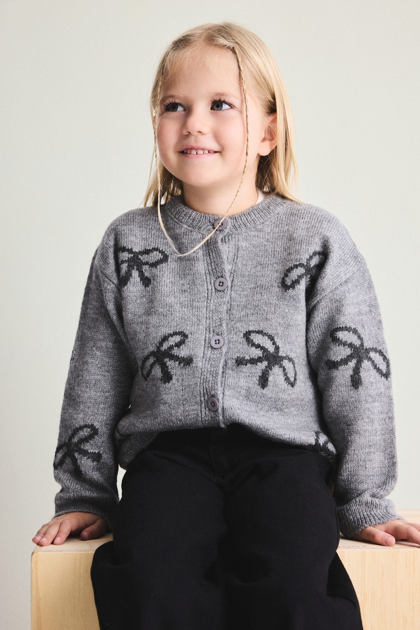BABY GIRL Light Grey Melange Baby Girl Bow-Print Crew Neck Knit Button-Up Cardigan