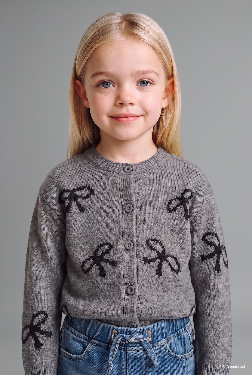 طفلة صغيرة ميلانج رمادي فاتح Baby Girl Crew Neck Basic Knit Cardigan