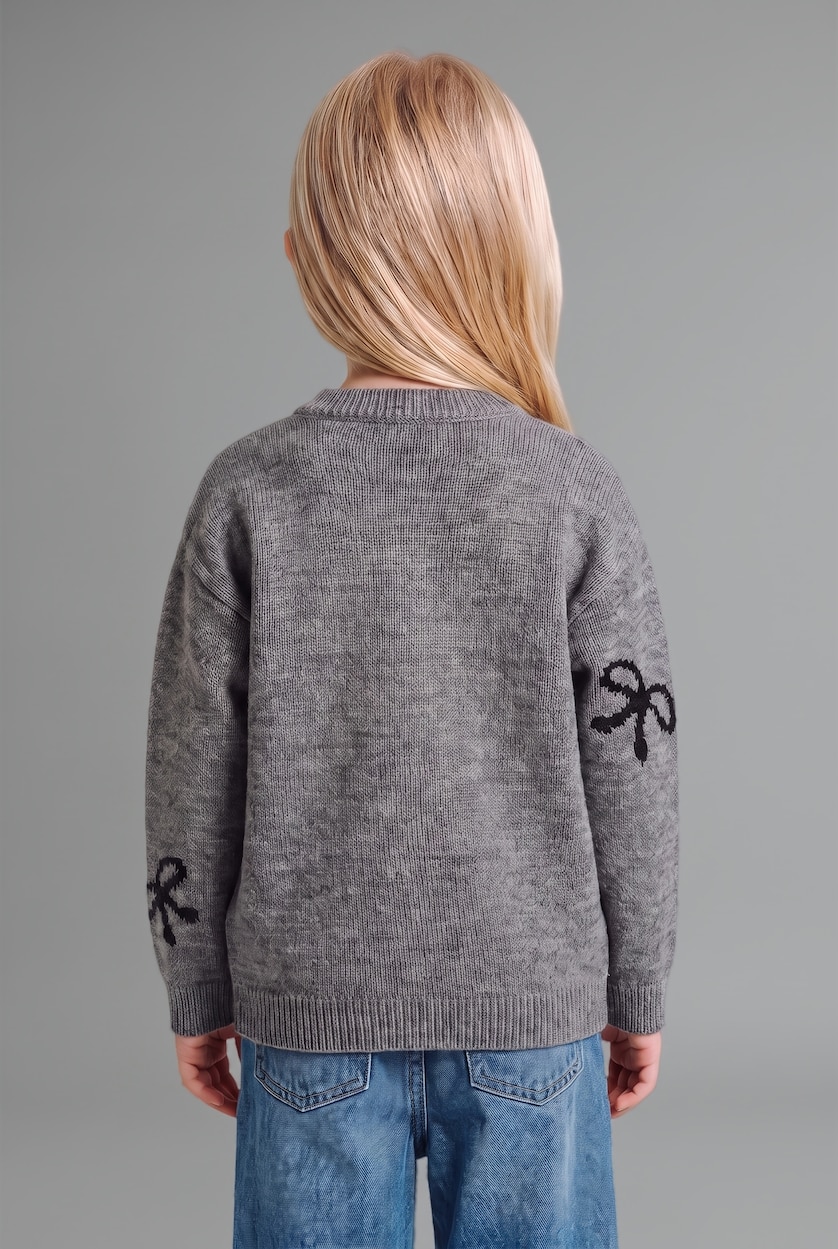BABY GIRL Light Grey Melange Baby Girl Crew Neck Basic Knit Cardigan