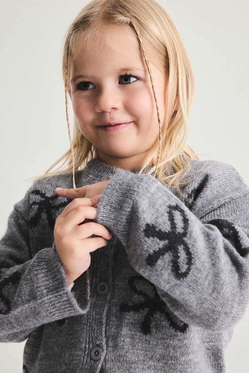 BABY GIRL Light Grey Melange Baby Girl Bow-Print Crew Neck Knit Button-Up Cardigan