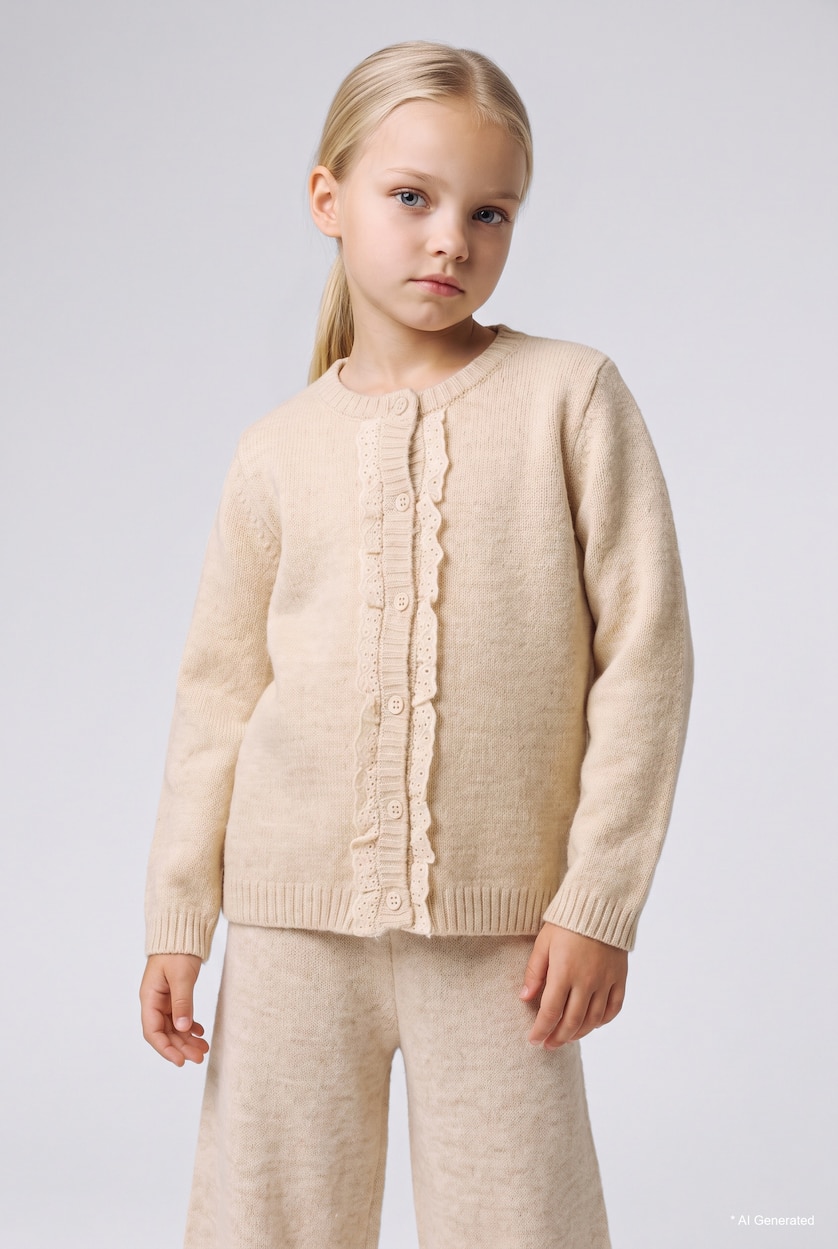 طفلة صغيرة ميلانج بيج Baby Girl Ruffle Detailed Knitwear Cardigan