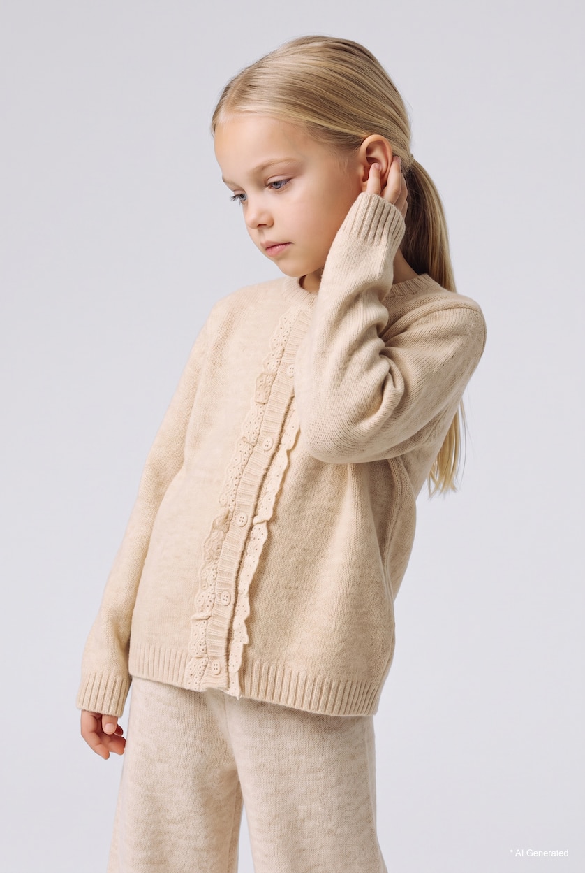 طفلة صغيرة ميلانج بيج Baby Girl Ruffle Detailed Knitwear Cardigan