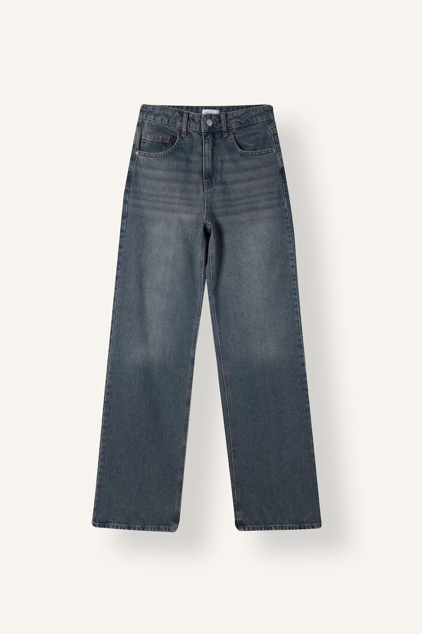 Kadın Koyu Mavi Straight Wide Yüksek Bel Jean Pantolon
