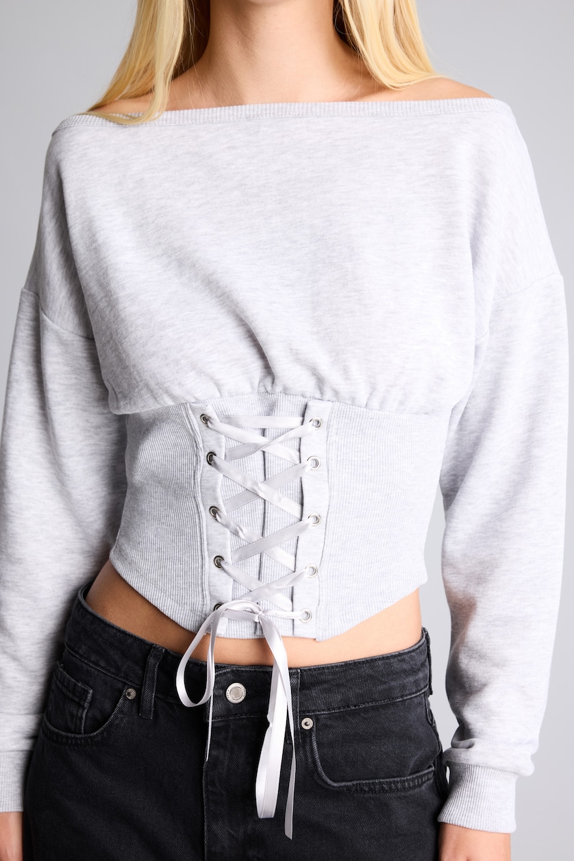 Kadın Gri Melanj Korse Detaylı Crop Basic Sweatshirt