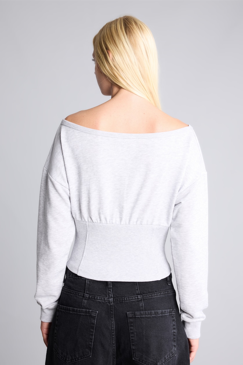 Kadın Gri Melanj Korse Detaylı Crop Basic Sweatshirt