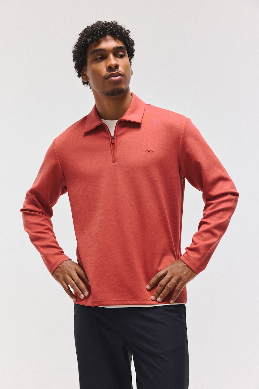 MAN Light Bordeaux Standard Fit Basic Modal Long Sleeve Polo Collar Half-Zip Sweatshirt