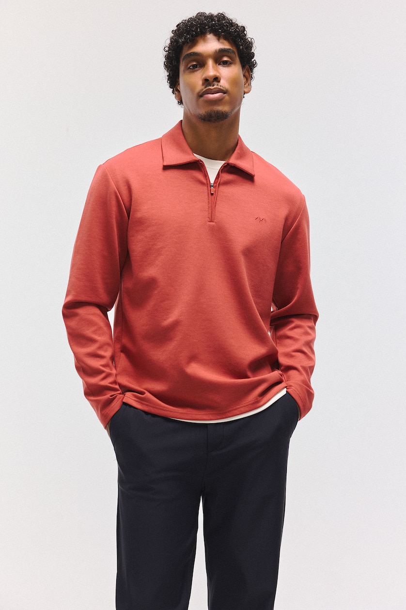 MAN Light Bordeaux Standard Fit Basic Modal Long Sleeve Polo Collar Half-Zip Sweatshirt