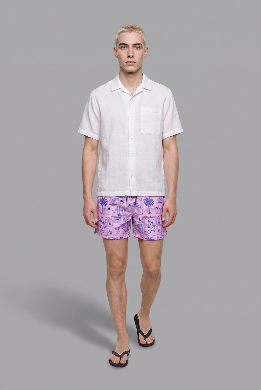 Men Light Pink Regular Fit Tropical Print Swim Shorts