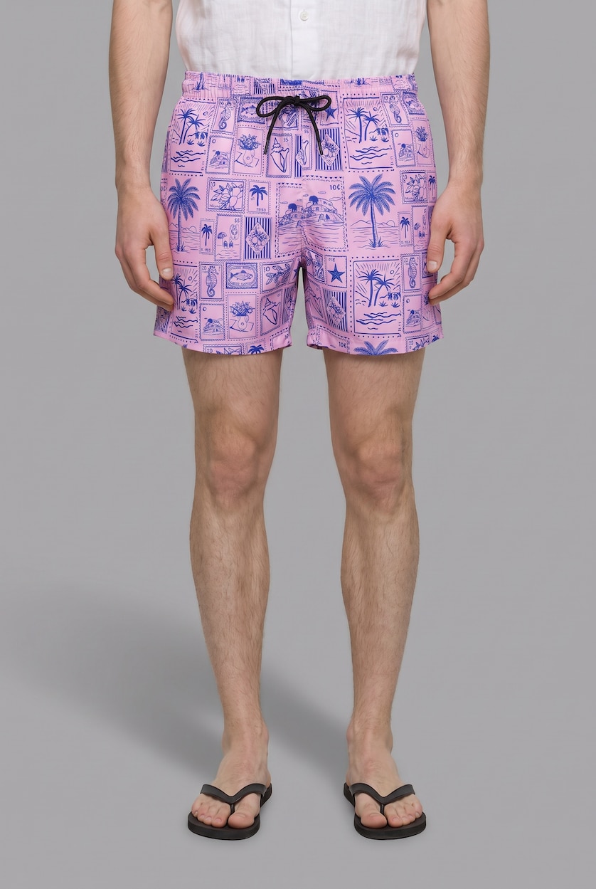 Men Light Pink Regular Fit Tropical Print Swim Shorts