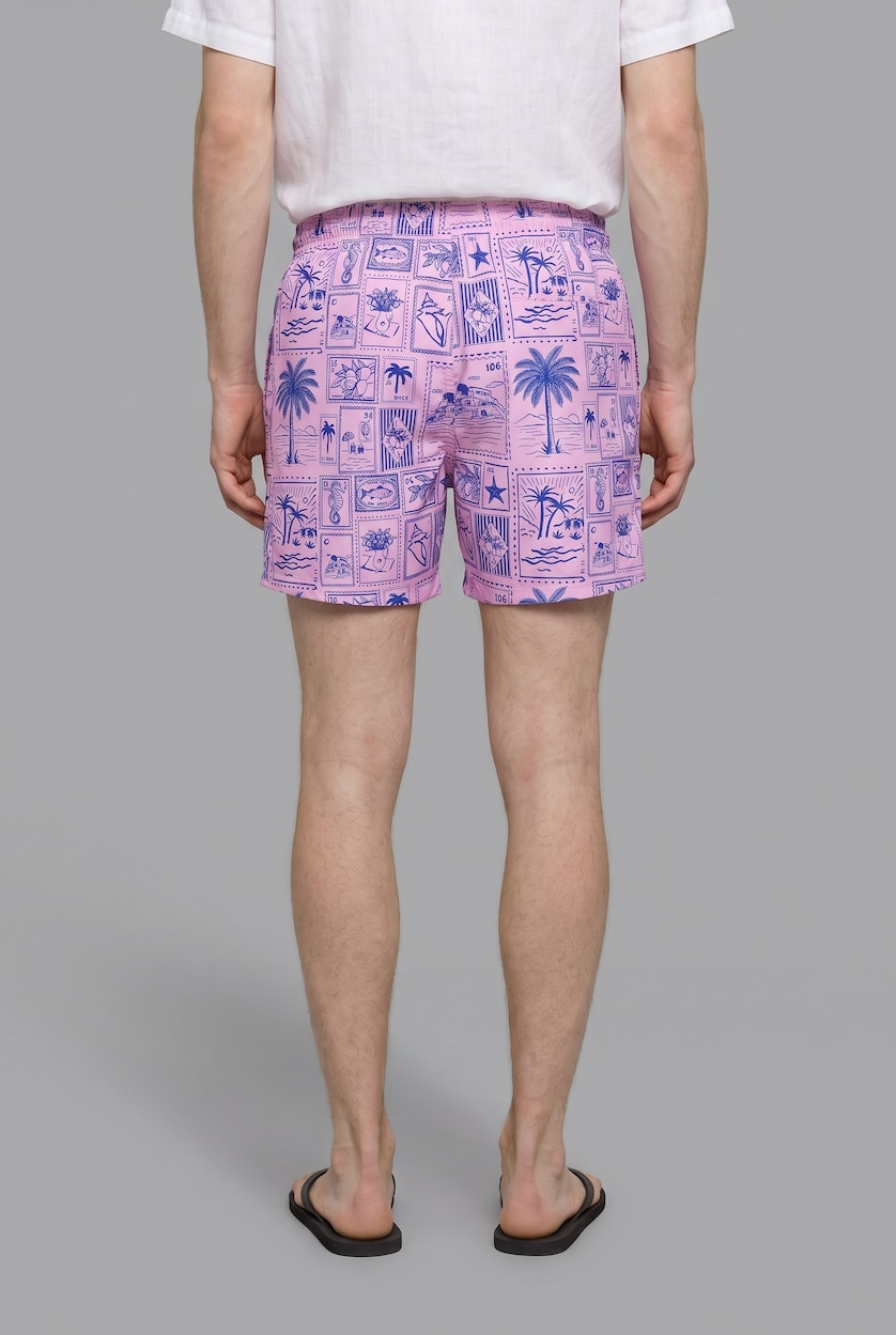 Men Light Pink Regular Fit Tropical Print Swim Shorts