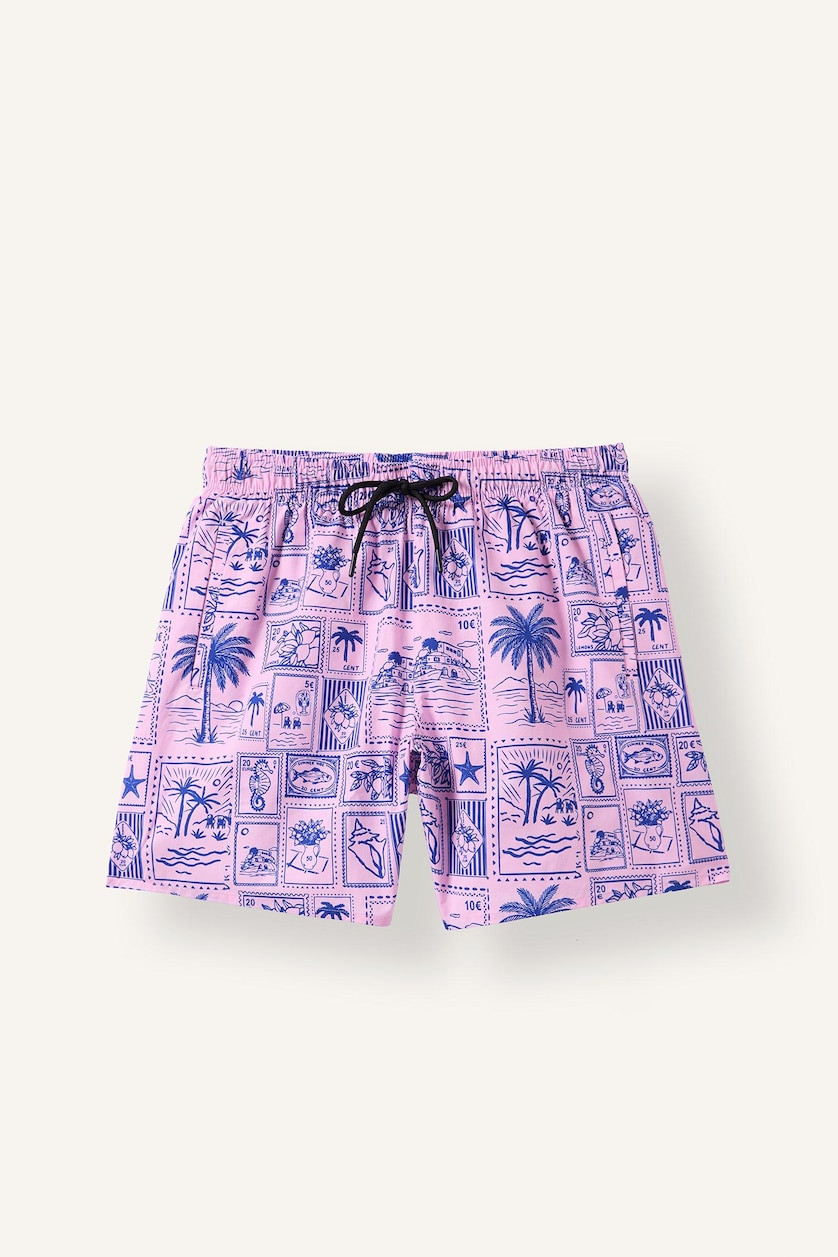 Men Light Pink Regular Fit Tropical Print Swim Shorts