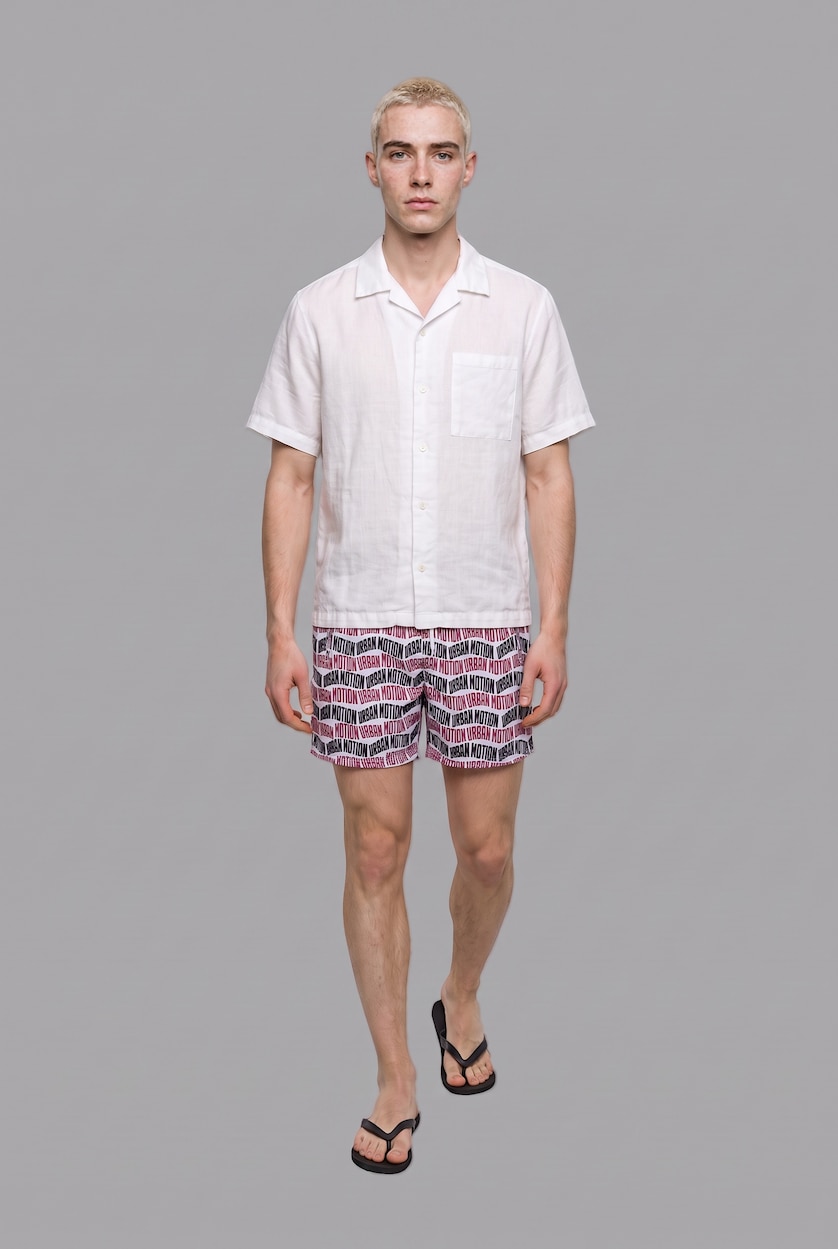 Men Ecru Regular Fit Text Print Swim Shorts