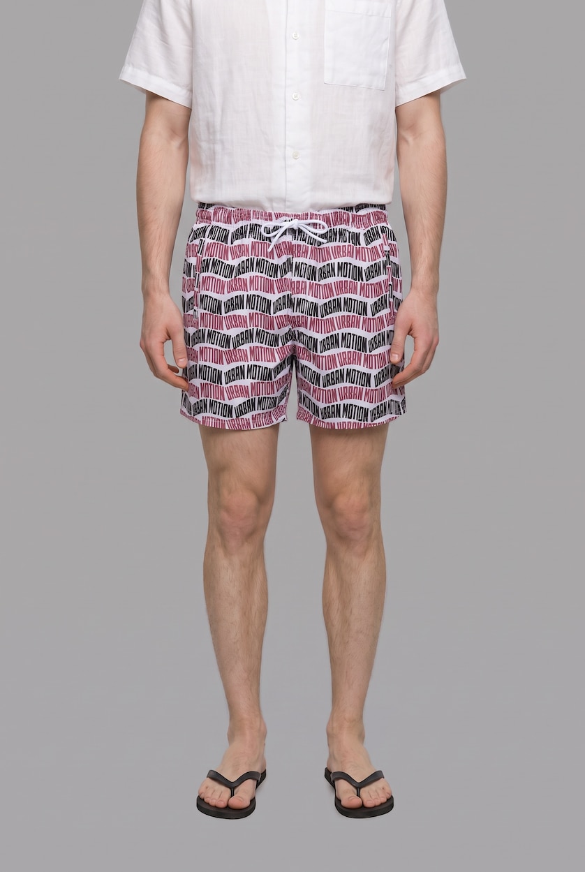 Men Ecru Regular Fit Text Print Swim Shorts