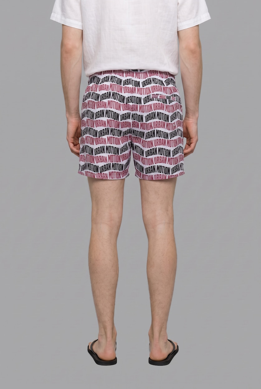 Men Ecru Regular Fit Text Print Swim Shorts
