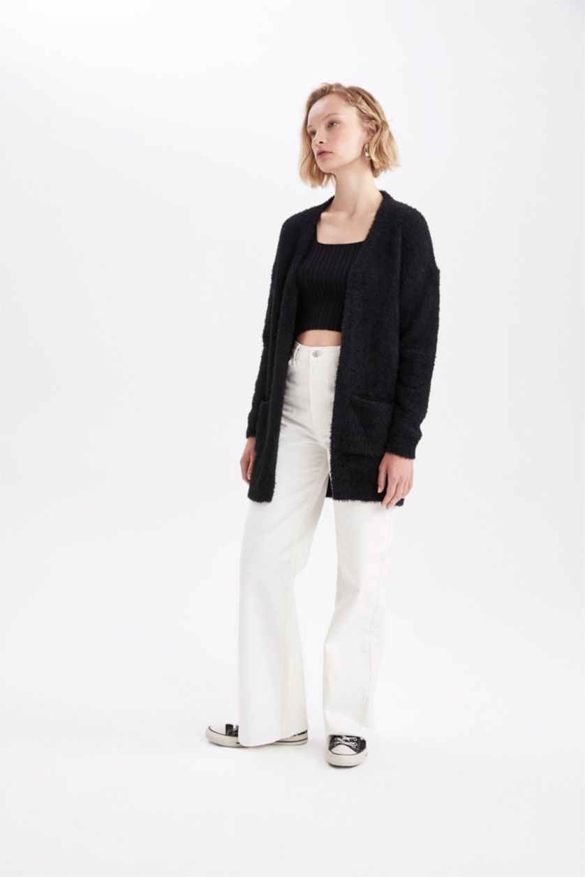 نساء أسود سويترتريكو بقصة عادية بكتف نازل مفصل بجيب