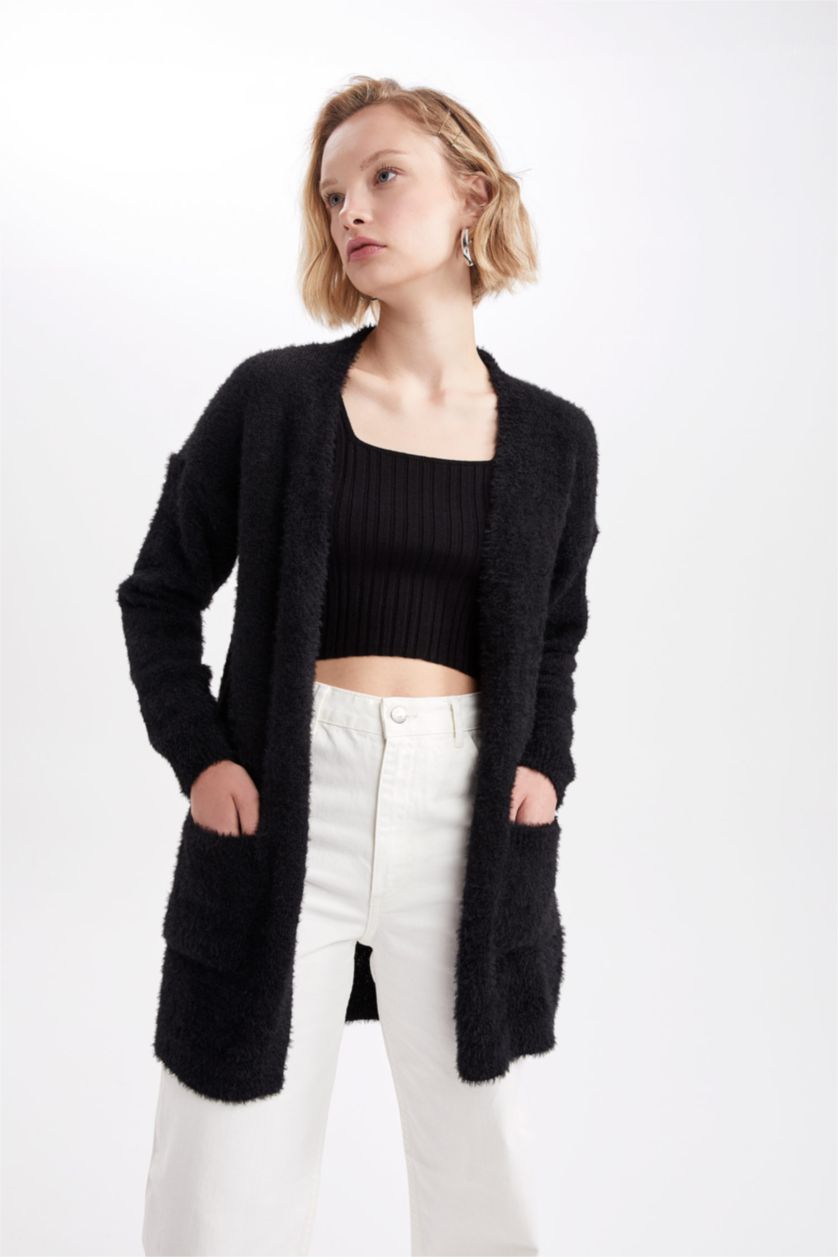 نساء أسود سويترتريكو بقصة عادية بكتف نازل مفصل بجيب