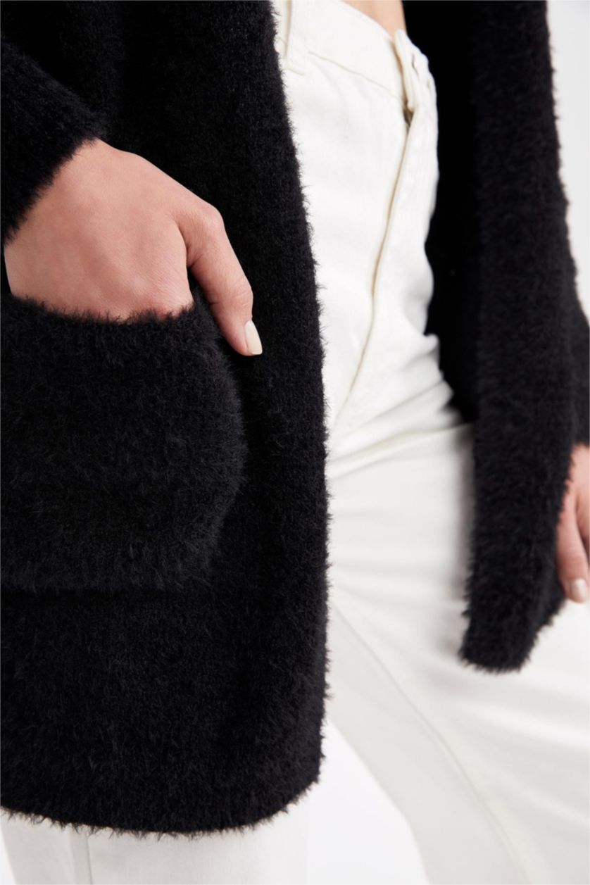 نساء أسود سويترتريكو بقصة عادية بكتف نازل مفصل بجيب