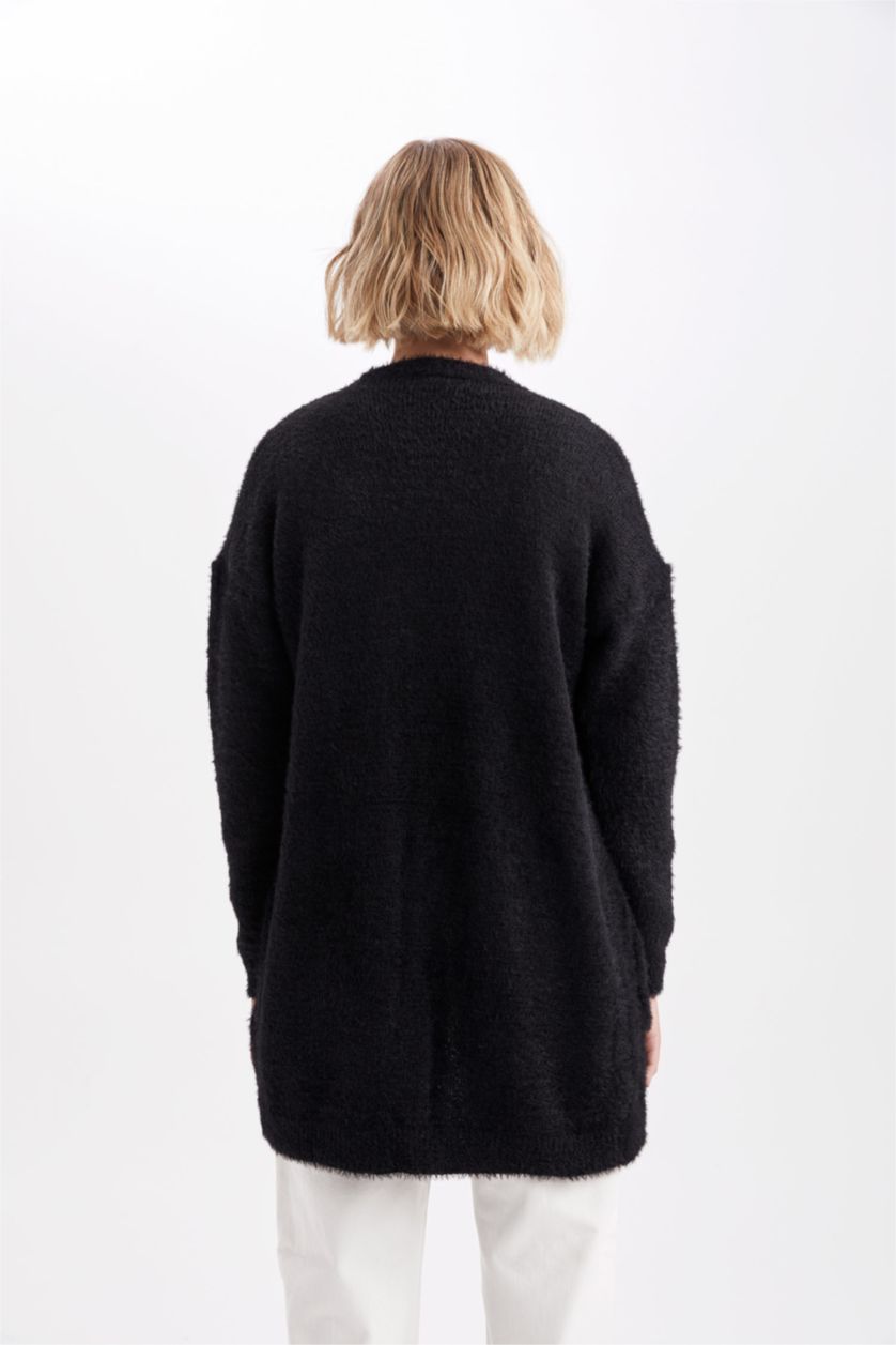 نساء أسود سويترتريكو بقصة عادية بكتف نازل مفصل بجيب