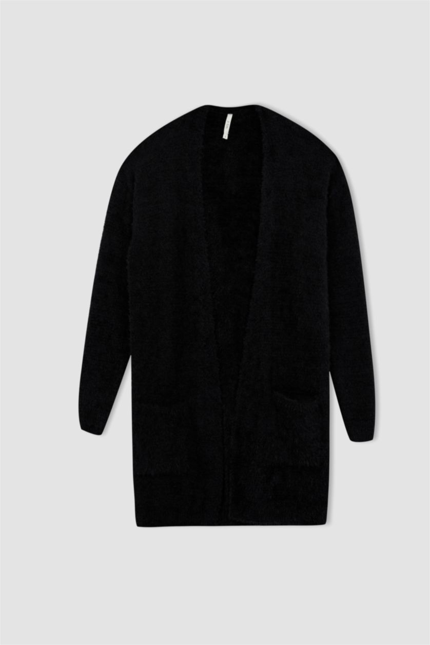 نساء أسود سويترتريكو بقصة عادية بكتف نازل مفصل بجيب