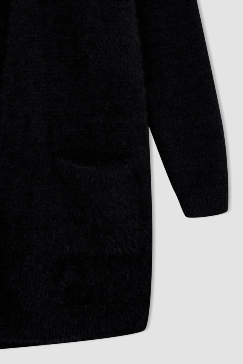 نساء أسود سويترتريكو بقصة عادية بكتف نازل مفصل بجيب