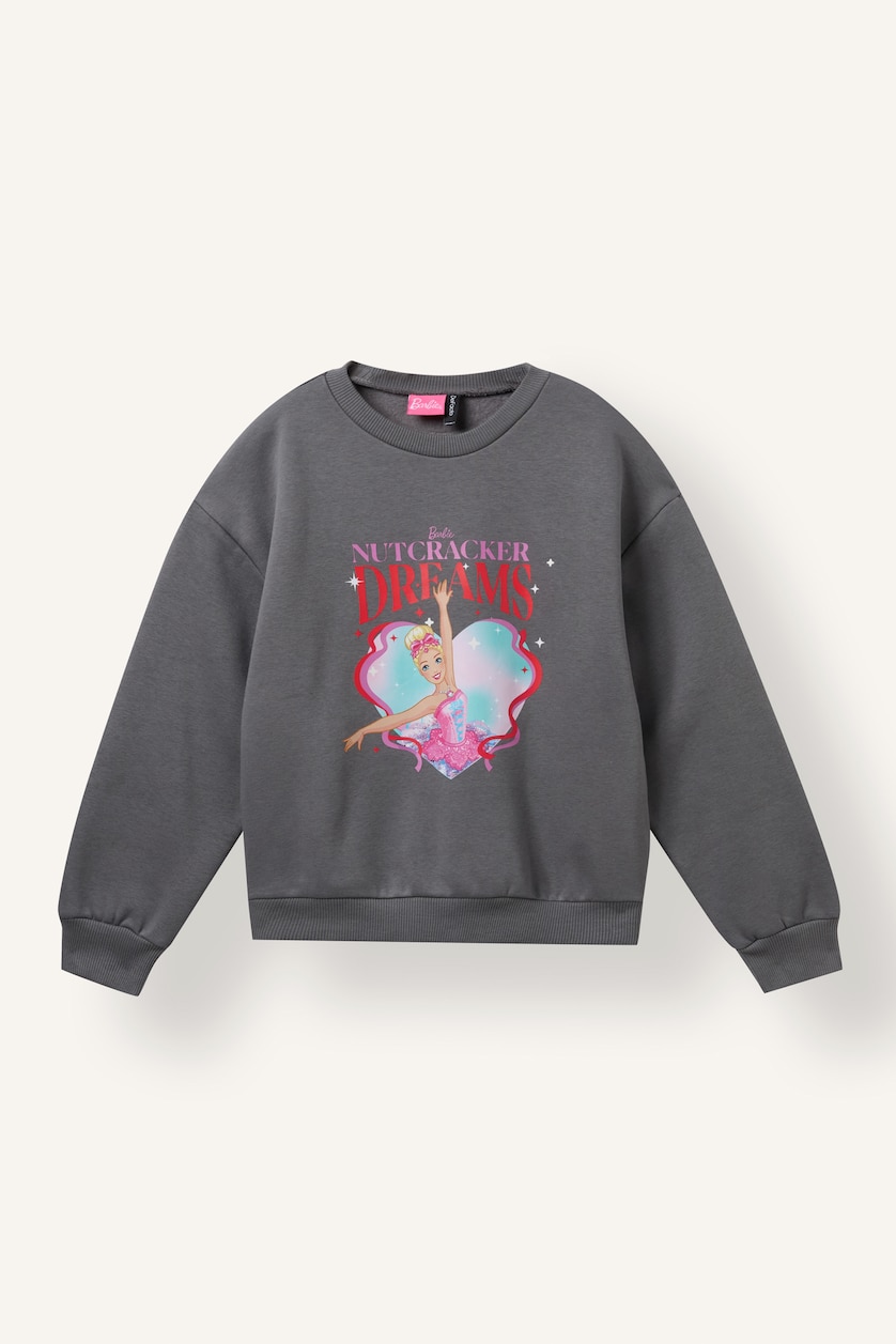 Young Girls - Teen Girls Grey Relax Fit Barbie Licensed Crew Neck Sweatshirt