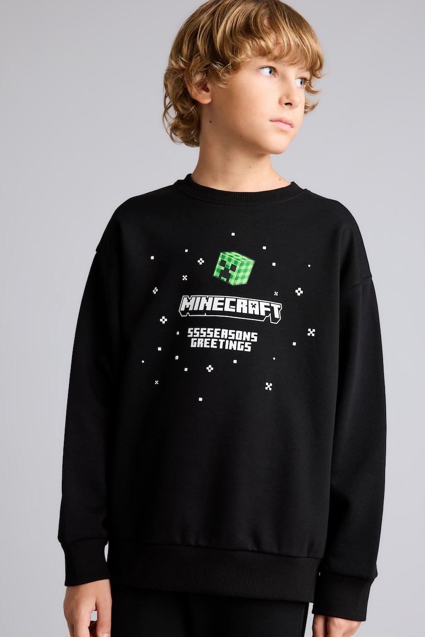 Erkek Çocuk - Genç Erkek Siyah Minecraft Baskılı Sweatshirt Erkek Çocuk